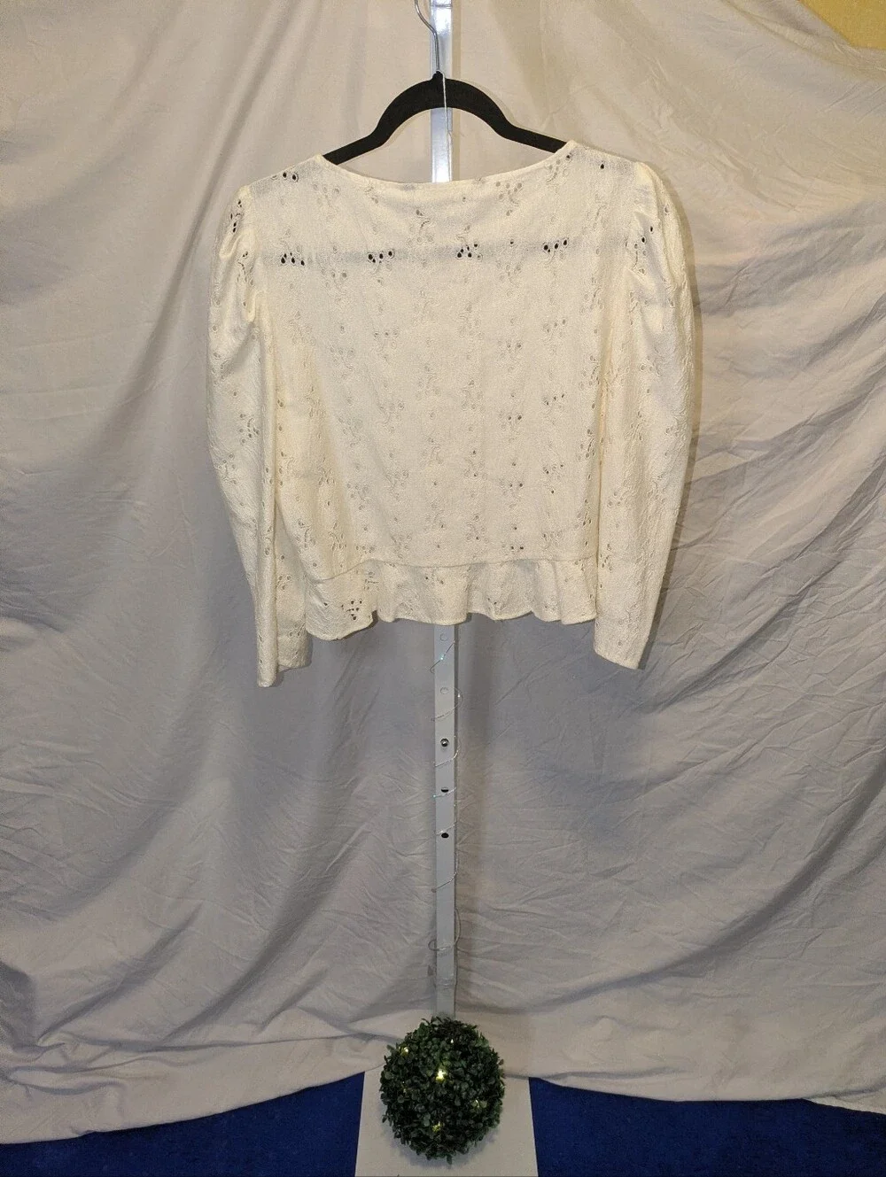 NWT Zara White Eyelet Lace Puff Sleeve Top Large | Ruffled Cropped Blouse